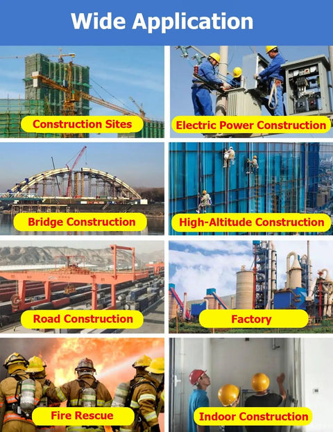 Collage of construction and industrial sites illustrating usage of Heavy Duty Helmet Storage Box On Wheels Adjustable Stackable Hard Hat Organizer For Garage Workshop And Job Site 32 Grids 8 Layers Floor Standing Display Shelf.