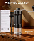 Manual Coffee Grinder With 40 Adjustable Settings Portable Conical Burr Grinder for Espresso on the Go 30g shown with accessories