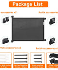 Package list for Retractable Safety Gate For Stairs And Hallways 54 Inch Wide 34 Inch Tall Indoor Outdoor Baby And Pet Gate includes accessories.