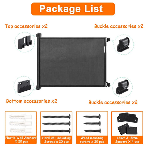 Package list for Retractable Safety Gate For Stairs And Hallways 54 Inch Wide 34 Inch Tall Indoor Outdoor Baby And Pet Gate includes accessories.