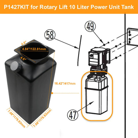 10L Hydraulic Reservoir Oil Tank Replacement For Rotary P1427Kit Compatible With 2 Post And Pad Lifts, black, labeled dimensions