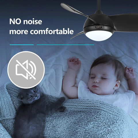 30 Inch Matte Black Ceiling Fan With Lights, Silent Reversible Motor, shown above sleeping baby and cat, emphasizes quiet operation.