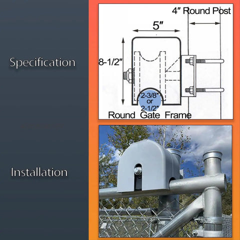 Cantilever Gate Rollers With Nylon Sliding Rollers And Covers For 4 Inch Round Posts And 2 3 8 Inch Or 2 1 2 Inch OD Chain Link Gate Frames Smooth Quiet Operation No Fuss Easy Install Durable Gate Rollers Pack Of 1 - diagram and installed view