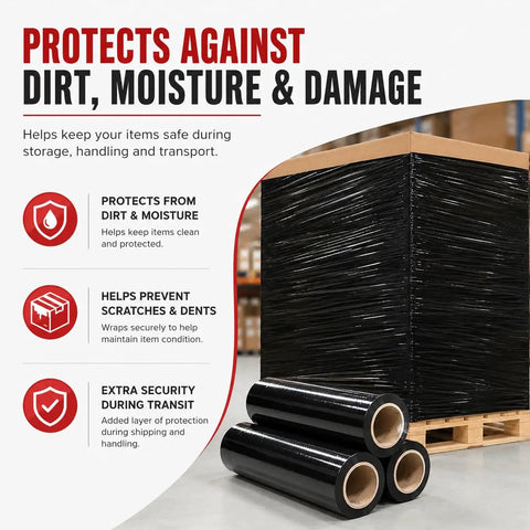 Heavy Duty Black 18 Inch Stretch Wrap 80 Gauge 20 Pack For Moving Furniture Protection And Pallet Wrapping, pallet wrapped in black film