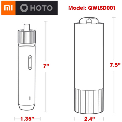 Diagram showing dimensions of MI HOTO Cordless Power Electric Screwdriver With LED Shadow Light, 7x1.35 inches and case size 7.5x2.4 inches.
