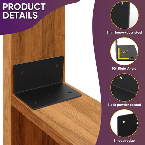 16 Piece Rock Solid L Bracket Set 2 By 2 By 4 Inch 14 Gauge Steel Corner Brackets With Matte Black Finish on wood shelf.