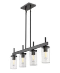 Winslett Linear Pendant In Matte Black With Slick Clear Ribbed Glass Shades For Kitchen Island And Ceiling Lighting Fixture A Transitional Pendant Light For Modern Kitchen And Dining Area, showcasing four clear glass shades.