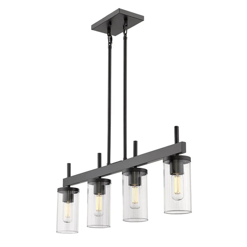 Winslett Linear Pendant In Matte Black With Slick Clear Ribbed Glass Shades For Kitchen Island And Ceiling Lighting Fixture A Transitional Pendant Light For Modern Kitchen And Dining Area, showcasing four clear glass shades.