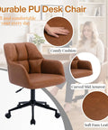 Brown Faux Leather Office Chair With Wheels 360 Degree Swivel Height Adjustable Armrests Mid Back Comfy Ergonomic Computer Chair
