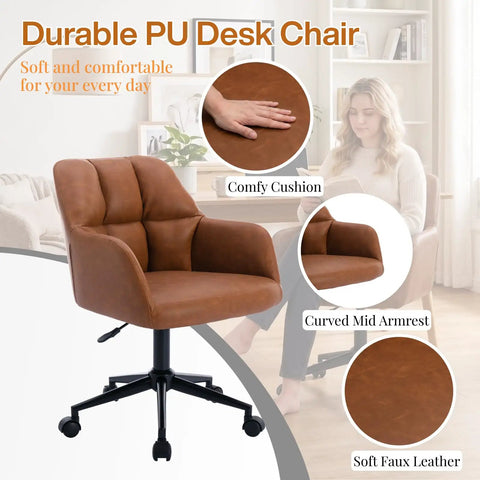 Brown Faux Leather Office Chair With Wheels 360 Degree Swivel Height Adjustable Armrests Mid Back Comfy Ergonomic Computer Chair