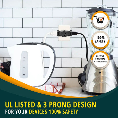 3 Outlet Wall Extender Adapter T Shaped, UL Listed 3 Prong Grounded Power Tap with kettle and blender plugged in