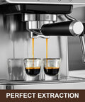 Pro Barista Style 20 Bar Espresso Machine With Automatic Steam Frother Stainless Steel Coffee Maker extracting espresso into two glasses.