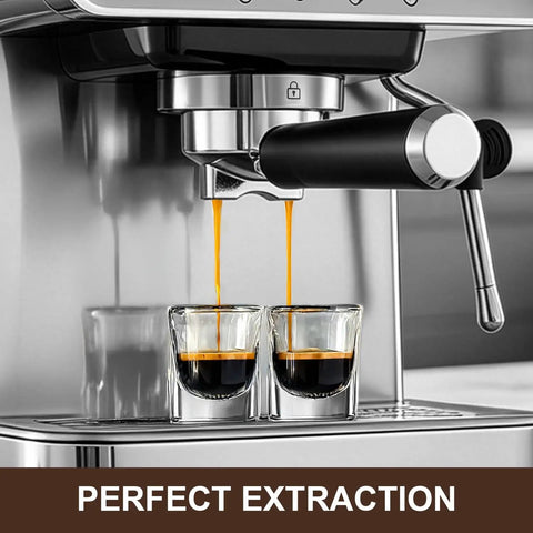 Pro Barista Style 20 Bar Espresso Machine With Automatic Steam Frother Stainless Steel Coffee Maker extracting espresso into two glasses.