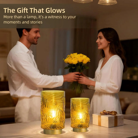 Couple exchanging flowers beside Cordless Battery Powered Table Lamp With LED Bulb And Timer in a softly lit living room.