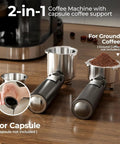 2-in-1 Coffee Machine with capsule coffee support, stainless components for ground and capsule coffee preparation.