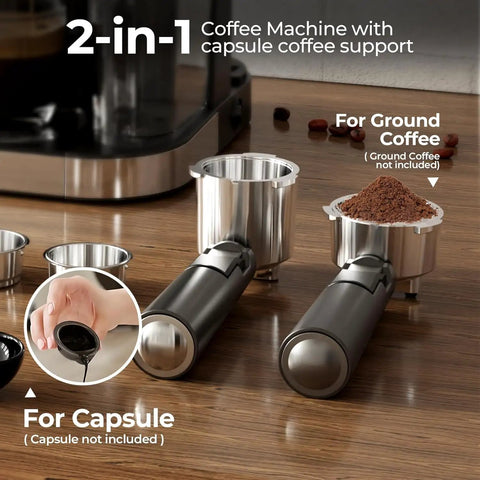 2-in-1 Coffee Machine with capsule coffee support, stainless components for ground and capsule coffee preparation.
