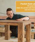 Craftsman using 100 Piece Solid Wood Pocket Hole Plugs For Three Eighths Inch Pine Wood on table in workshop.