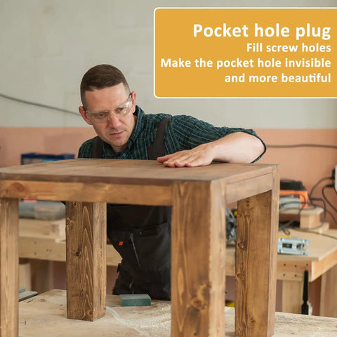 Craftsman using 100 Piece Solid Wood Pocket Hole Plugs For Three Eighths Inch Pine Wood on table in workshop.
