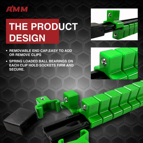 9 Piece Socket Organizer Set For 1/2, 3/8, And 1/4 Inch Drives In Green ABS Rail Holder with Heavy Duty Clip Rails