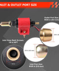 Beefy 12V Fuel Pump Delivers Five To Nine PSI At Thirty Five GPH For Gasoline And Diesel Engines, inlet and outlet size details.