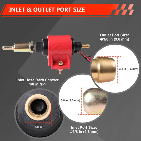 Beefy 12V Fuel Pump Delivers Five To Nine PSI At Thirty Five GPH For Gasoline And Diesel Engines, inlet and outlet size details.