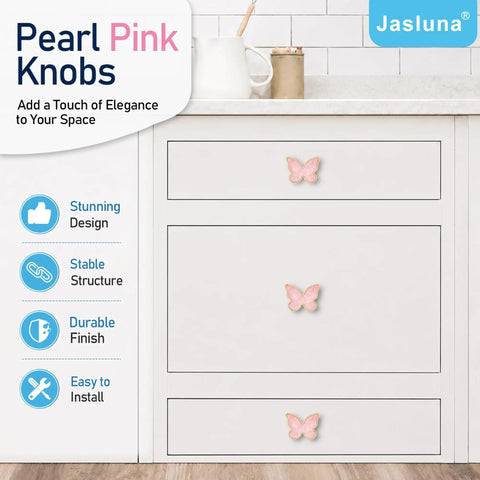 Six Pack Pink Butterfly Dresser Knobs For Bedroom Updates Sturdy Zinc Alloy Drawer Pulls on white dresser with three pink butterfly knobs.