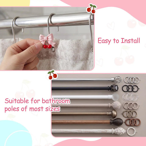 12 Piece Pink Bow Cherry Shower Curtain Hooks Set Resin Rust Resistant Gliding Hooks For Standard Rods Cute Bow Knot Decorative Bath Accessories Vibe For Home showing pink bow hook in use and rods compatibility.