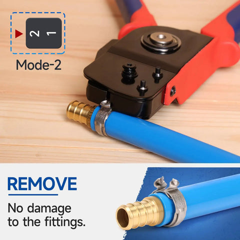 All-In-One PEX Cinch Tool Kit With Remover No-Fuss One-Hand Crimping Tool clamping a blue pipe with stainless clamp