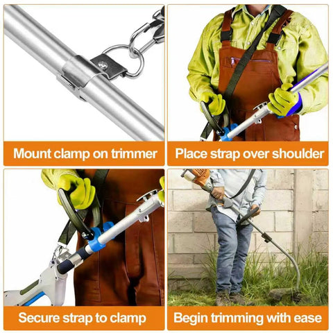 Built Tough Shoulder Strap For Weed Trimmer And Leaf Blower Nylon Belt With Durable Metal Clip on Greenworks trimmer in use