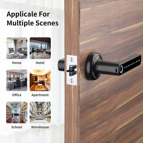 4 In 1 Fingerprint Door Lock With App Code Backup Key And Keyless Entry shown on wooden door, applicable for home and office