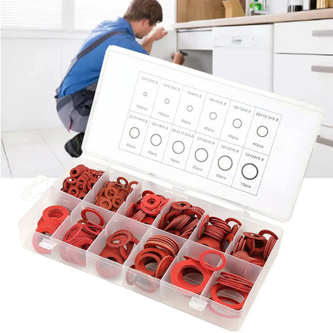 KickAss 600 Pieces Pro Grade Insulating Washers Assortment Kit With 12 Sizes Featuring Red Steel Paper Fiber Flat Rings Packed In A Box Built To Prevent Short Circuits To Keep All Safe During Repair Work Or Installation Tasks At Home Or Garage, open box