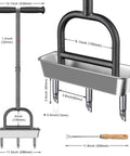 Pre Assembled Manual Lawn Aerator With Three Stainless Steel Core Plugs and soil tray, shown with dimensions and handle close-up.