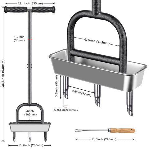 Pre Assembled Manual Lawn Aerator With Three Stainless Steel Core Plugs and soil tray, shown with dimensions and handle close-up.