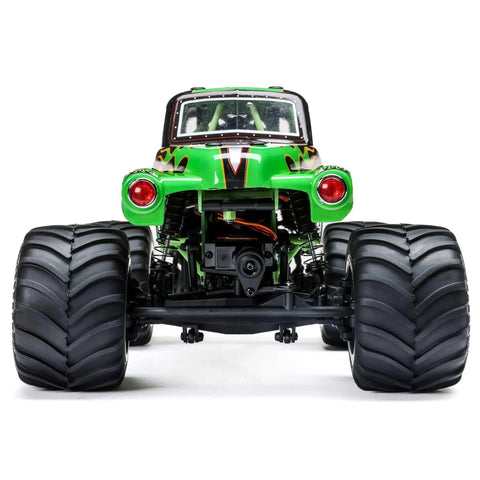 Rear view of Grave Digger 1 To 18 Scale Mini LMT 4X4 RC Monster Truck RTR With 2S Battery And Charger Included Green Body
