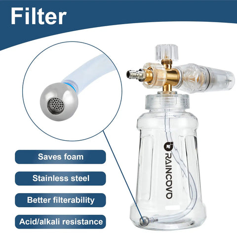 Stainless steel filter on Foam Cannon For Pressure Washer With M22 And 1 Quarter Inch Quick Connect, Pro Car Wash Foam Kit