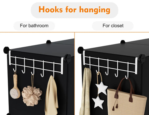 Hooks for hanging displayed on a stackable cube storage organizer, ideal for bathroom or closet use.