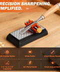 Adjustable Chisel Sharpening Jig And Honing Guide Tool For Woodworkers with wooden handle on sharpening platform.