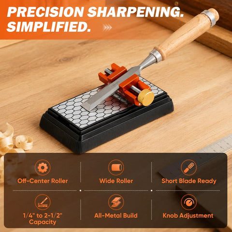 Adjustable Chisel Sharpening Jig And Honing Guide Tool For Woodworkers with wooden handle on sharpening platform.