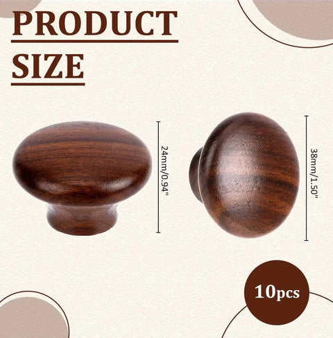 Mushroom Shape Walnut Wood Drawer Handles 10Pcs Coconut Brown Single Hole Wooden Cabinet Knobs, side and top view dimensions