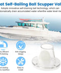 Boat on water with self-bailing ball scupper valve and self-draining features highlighted. Self Bailing Boat Scupper Drain Valve Ball Universal Fit.