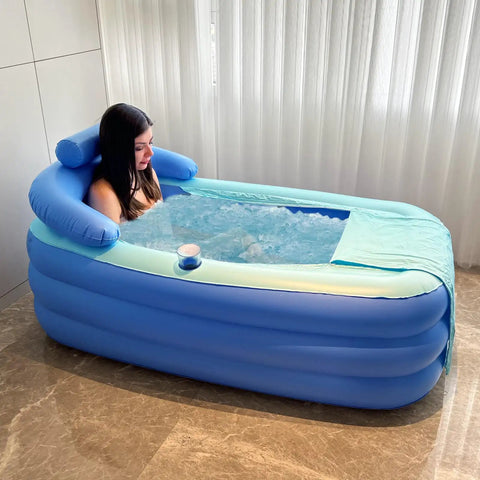Inflatable Bathtub For Adults Freestanding Portable Foldable Spa Tub With Air Pump Perfect For Hot Soak Or Ice Bath At Home Spacious 63 By 33 By 25 Inches Cup Holder And Zip Up Cover in use