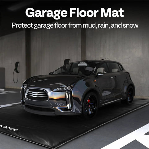 Heavy Duty Garage Containment Mat With Stay Put Corner And Squeegee For Mud Water Snow And Ice Protection PVC Floor Covering Measuring Seven Foot Nine Inch By Eighteen Foot To Keep Your Garage Dry And Clean While Parking with car