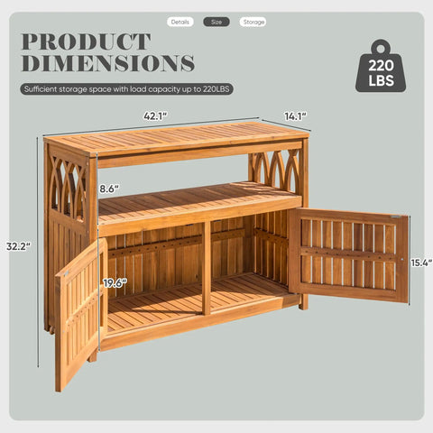 Weatherproof Acacia Wood Outdoor Storage Cabinet With Two Magnetic Doors And Three Level Storage in Brown, dimensions shown