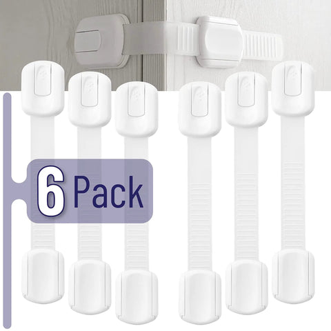 Image of Six Pack Child Safety Strap Locks for Cabinets and Drawers with easy install baby proof cabinet latches in white ABS/PE.