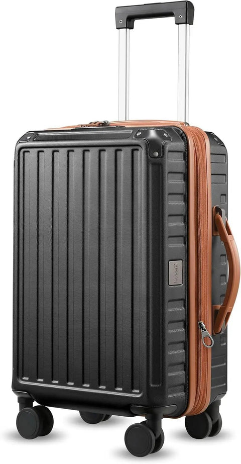 Your Go To 20 Inch Carry On Luggage Airline Approved Hard Shell Polycarbonate Case with Spinner Wheels in brown black