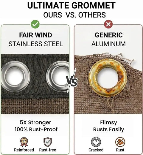 Comparison of Tough As Nails Ninety Percent UV Blocking Sun Shade Cloth With Upgraded Grommets showcasing stainless steel vs aluminum grommet.