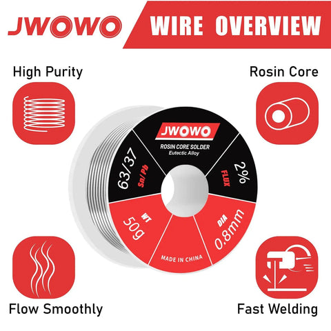 Rosin Core Solder Wire For Electrical Soldering 0.8mm Diameter 50g Reel Prefluxed With 2 Percent Flux Sn63 Pb37 Lead Tin Alloy Easy Flow For Electronics DIY Projects Repairs.