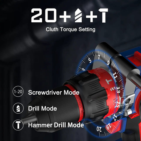 Straight Fire Brushless Hammer Drill Compatible With Makita 18V Battery Packing 1100 In Lbs Torque showing torque settings dial.