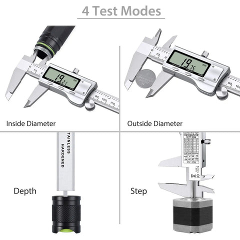 6 Inch Digital Vernier Caliper with Fraction Inch and Millimeter Modes showing inside, outside diameter and depth measurements