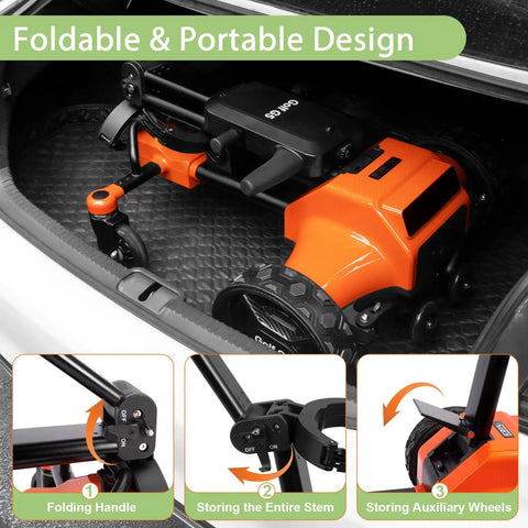 Smooth Operator Auto Follow Electric Golf Push Cart With Smart Remote App Controls stored in a vehicle trunk showing foldable design.